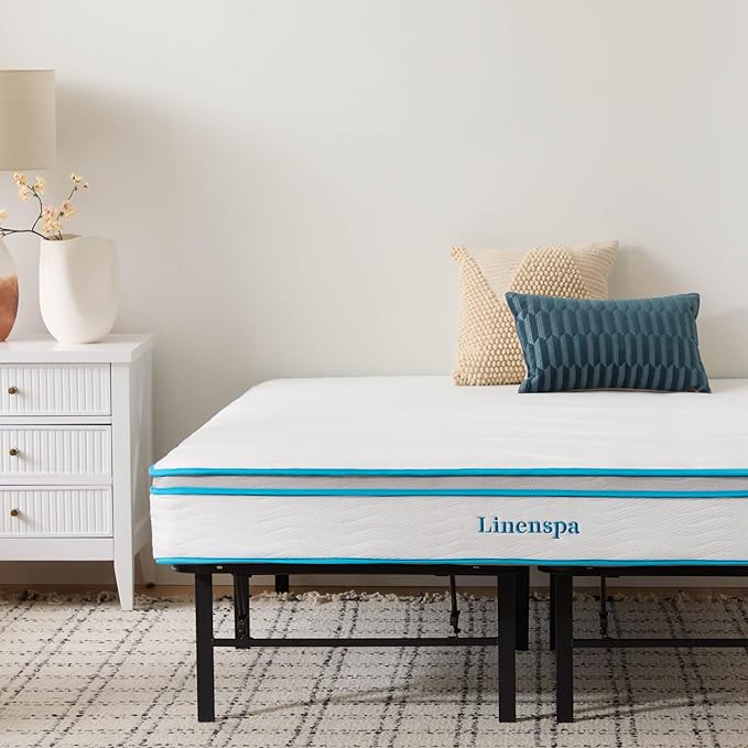 Linenspa 8” Memory Foam and Innerspring Hybrid Mattress + 14” Black Metal Platform Bedframe – Full Mattress + Metal Folding Full Bedframe