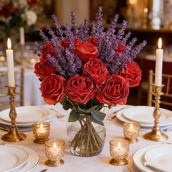 Kimura's Cabin 12pcs Lifelike Faux Silk Roses Flowers Vintage Artificial Rose with Stem Bouquet Fake Roses Dried Flower for Valentines Home Table Centerpiece Wedding Party DIY Decoration(Orange red)