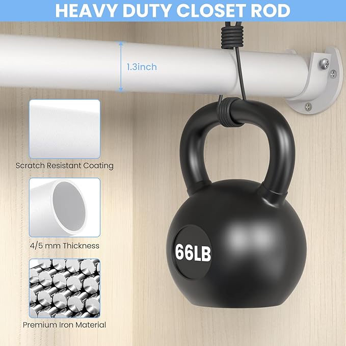 3 Pack Closet Rods for Hanging Clothes, 17 to 54 Inch Heavy Duty Stepless Adjustable Closet Hanging Rod, 1.3 Inch Diameter Metal Closet Rod for Wardrobes Laundry Bedroom RV, White