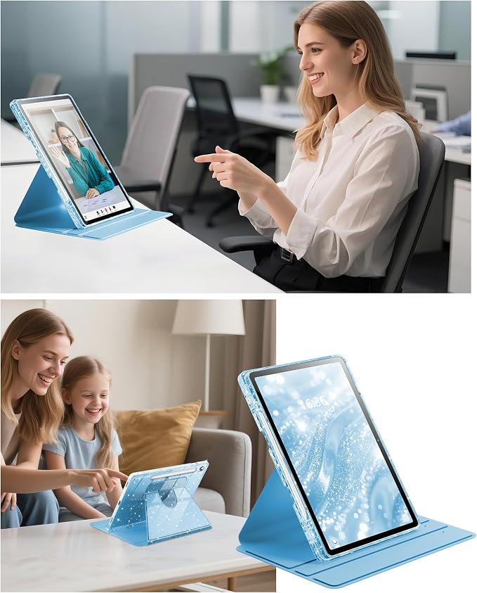 INFILAND Rotating Case for Samsung Galaxy Tab S10 FE/ S9 FE 5G 10.9 Inch/Tab S9 11 Inch 360 Cute Glitter Cover with Clear Back S Pen Holder for Girls Kids Woman (Black)