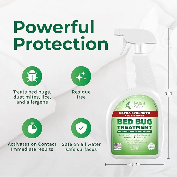 Hygea Natural Extra Strength Bed Bug & Mite Spray - Child & Pet Friendly - Stain & Odor Free - 66% Stronger Formula (24 oz)