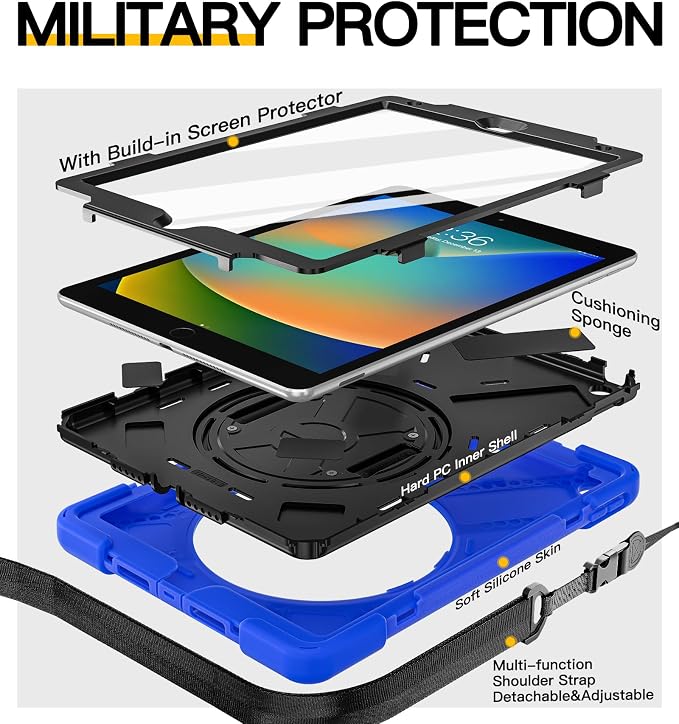BRAECN Case for iPad 9th/8th/7th Generation - 10.2 inch 2021/2020/2019 | Heavy Duty Protective Cover with Carrying StrapHand StrapScreen ProtectorSwivel Stand Fit 10.2 inch iPad 7/iPad 8/iPad 9