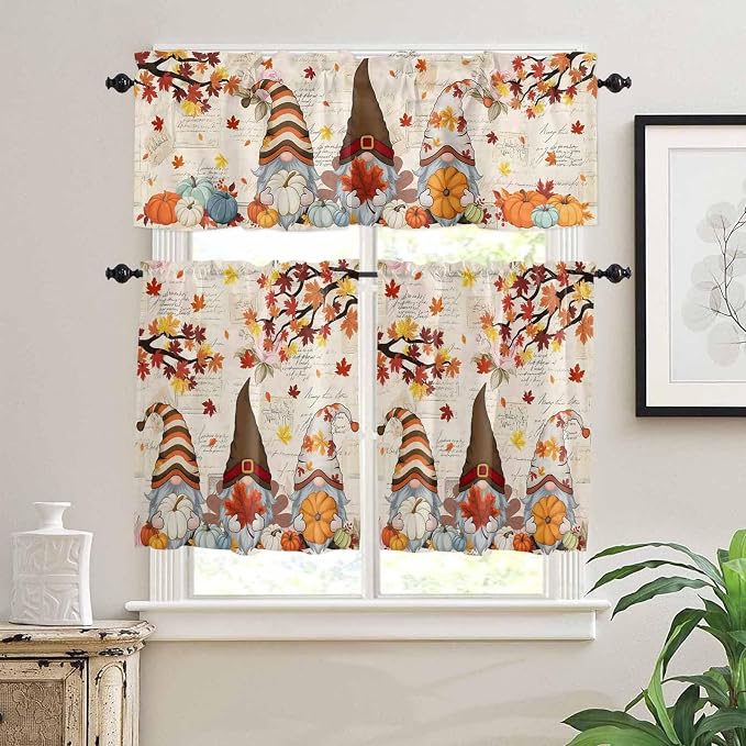 Fall Gnomes Kitchen Curtain Set, Thanksgiving Maple Leaf Rustic Pumpkin Window