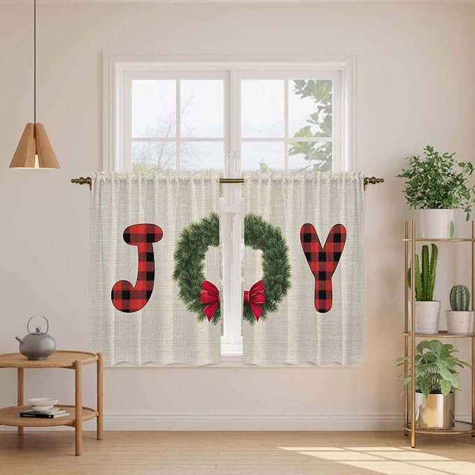 Red Green Christmas Kitchen Curtains 45 Inch Long 2 Panel Set, Rod Pocket