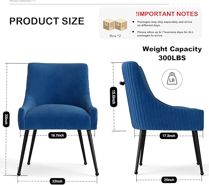 Velvet Dining Chairs Set of 4,Blue Upholstered Living Room Chairs with Black Metal Legs, Modern Tufted Accent Chairs for Living Room, Study Room, Kitchen