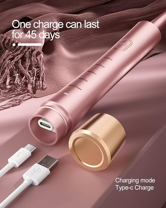 AJELU Sonic Electric Toothbrush for Adults, USB Rechargeable Sonic Toothbrush with 8 Brush Heads, Smart Timer, 5 Modes, 2-Hour Fast Charge Last 30 Days, Pink