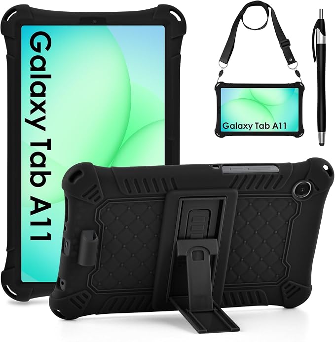 DETUOSI Compatible with Samsung Galaxy Tab A11 8.7 inch 2025 with Shoulder Strap &amp Stylus Pen Soft Silicone Multi-Angle Cover for Samsung Galaxy Tab A9 8.7 inch 2023 Black