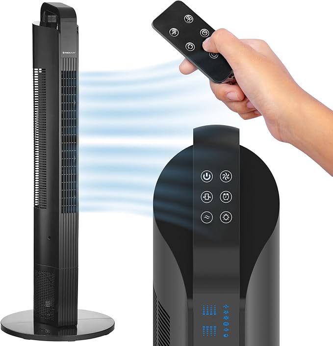 NEXAIR 42” Oscillating Tower Fan, 3 Speed Portable Fan Tower With Remote Control, Quiet Operating Floor Fan for Bedroom with 7.5 Hr Auto Off Timer, Modern Design Room Cooling Fan For Home & Office