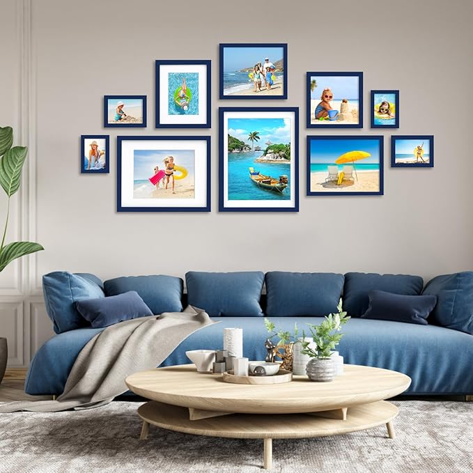Egofine 9x12 Picture Frame Made of Solid Wood Covered by Plexiglass, Wood Frame for Pictures 5x7/6x8 with Mat or 9x12 without Mat, Tabletop and Wall Mounting Display, Navy Blue