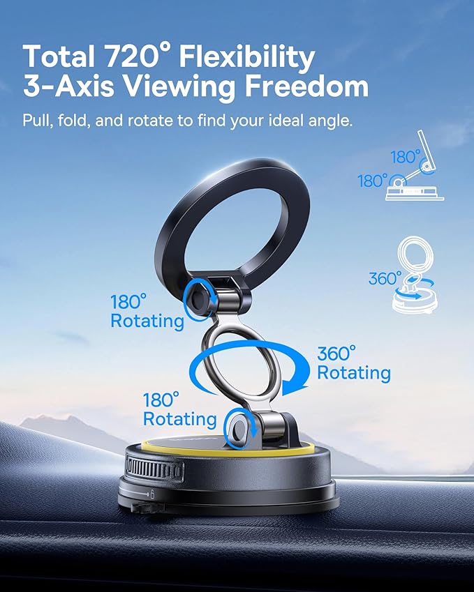 Baseus for Magsafe Car Mount, Vacuum 119LBS Magnetic Suction Cup Phone Holder for Car, 720° Adjustable Foldable Cell Phone Holder with Reusable Washable Gel for Car & for iPhone 16 15 14 13 Pro Max