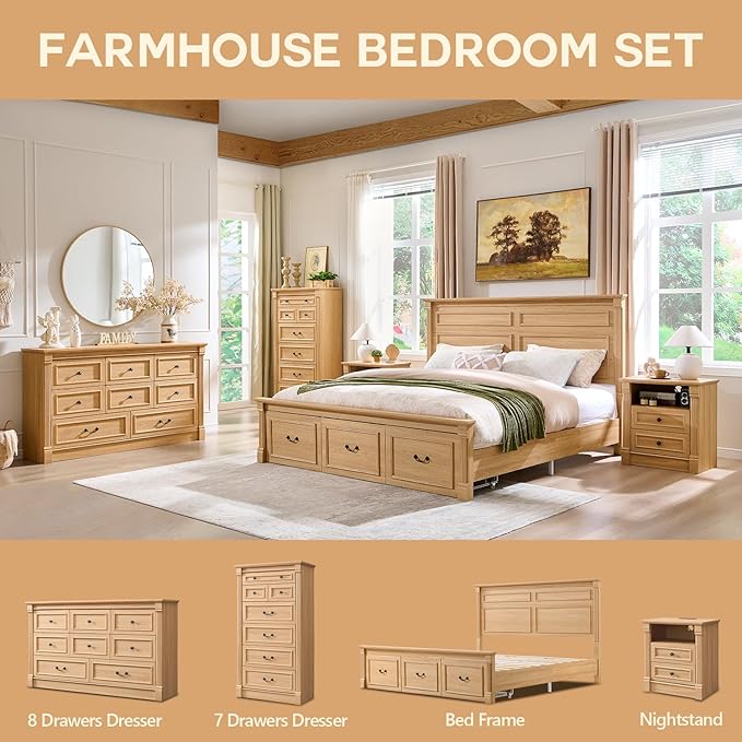 Farmhouse 7 Drawers Dresser for Bedroom, 57" Tall Large Dressers & Chests of Drawers w/Roman Column, Storage Dressers Organizer for Bedroom, Hallway, Living Room, Natrual