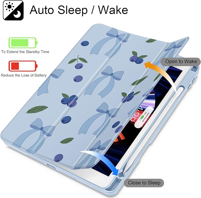 Tuiklol for iPad 10.2 inch 9th / 8th / 7th Gen 2021 2020 2019 Release Case | Built in Pencil Holder - TPU Protection Trifold Stand Stand Clear Back Tablet Cover With Auto Wake/Sleep Blue berries