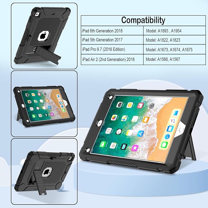 LTROP Case for iPad 6th 5th Generation (9.7 inch 2018/2017) Shockproof Protective iPad 9.7 Case with Built-in Stand/Pencil Holder for iPad 6th/5th Gen Air 2 Black