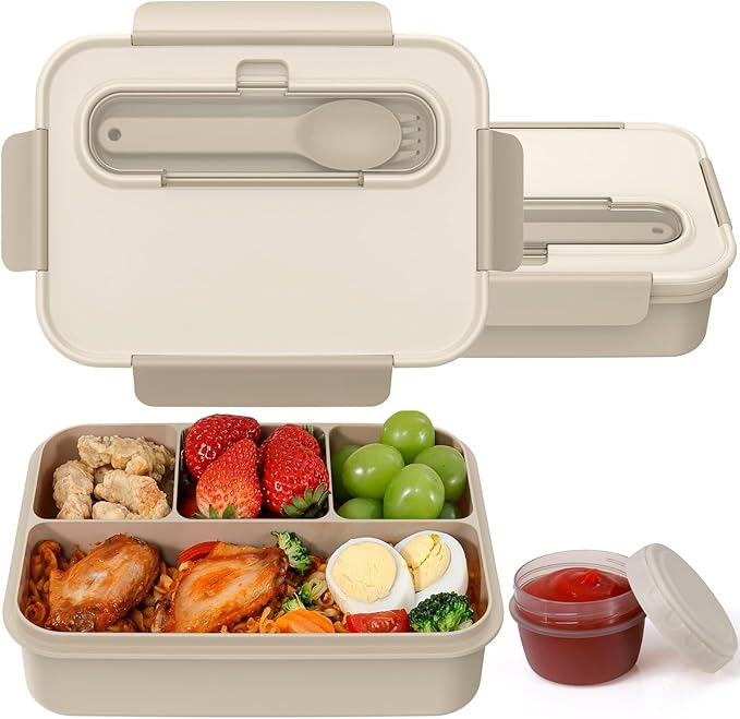 Caperci Bento Box Adult - 50 oz Large Lunch Containers for Adults and Teens, 4-Compartment Bento Lunch Box with Utensils & Leak Proof Sauce Cup, Dishwasher Safe, Durable, BPA-Free (Mocha)
