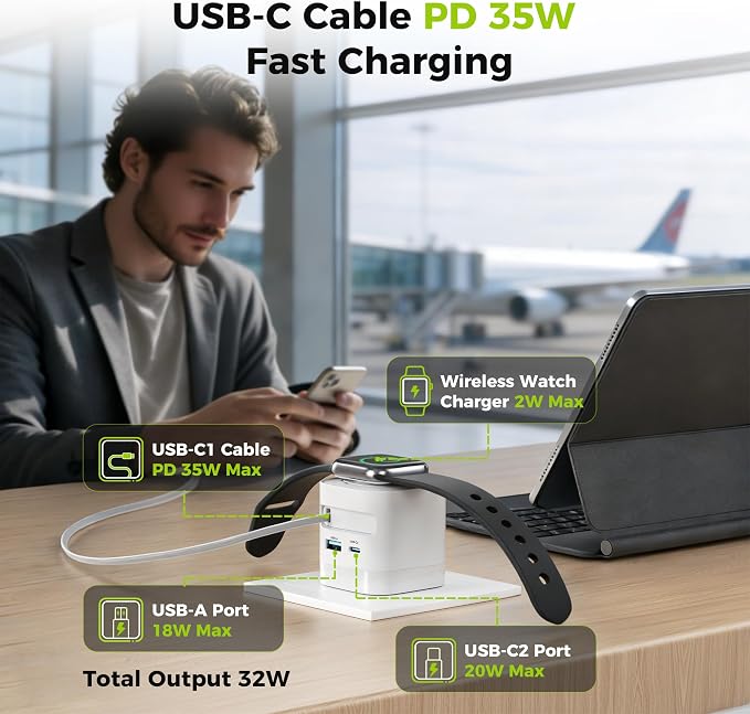 Charging Blocks for Apple Watch CHARCO 35W Retractable USB C Charger Block | 1 USB C and 1 USB A Wireless Smart Watch Charger with Foldable Plug Compatible with iPhone AirPods iWatch 1 Pack. With