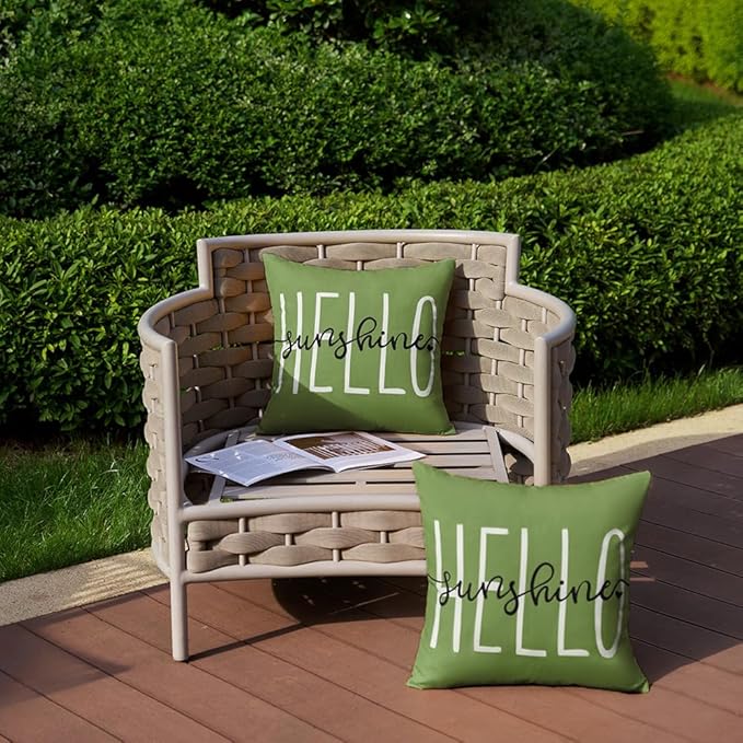 DFXSZ Outdoor Pillow Covers 16x16 Inch Set of 2 Hello Sunshine Decor Olive Green Waterproof Throw Pillow Covers Summer Outdoor Pillow Covers Decor for Patio Funiture Garden Sofa Couch 020G16