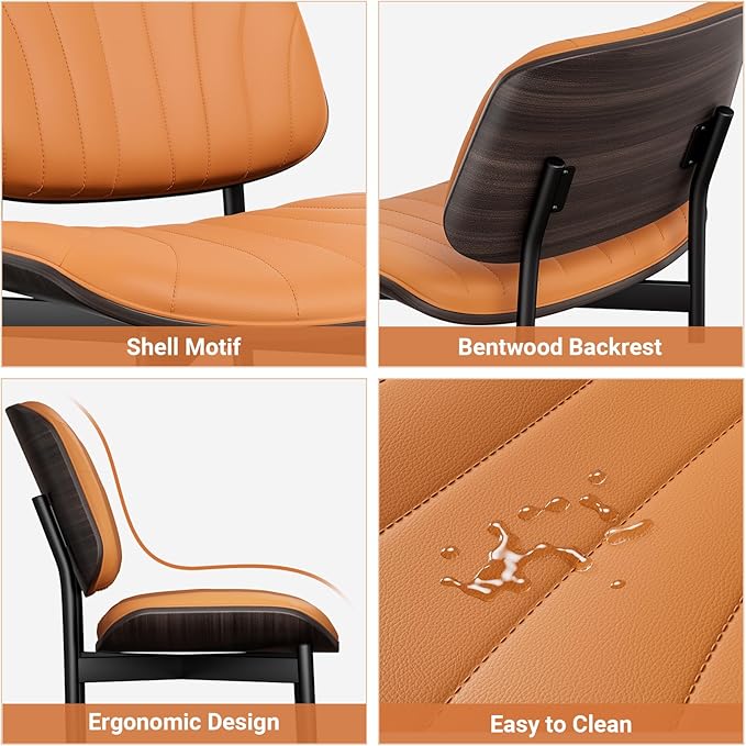 Dining Chairs Set of 4, Mid Century Modern Dining Room and Kitchen Chairs, Upholstered PU Leather Chairs with Walnut Bentwood and Metal Legs, Orange
