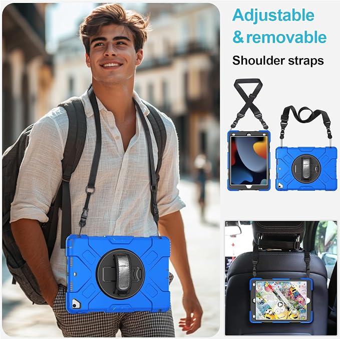 Case for iPad 9th/8th/7th Generation 10.2 Inch Black | Shockproof Protective Silicone Cover with Rotatable Stand-Screen Protector-Handle- Shoulder strap- Pencil holder