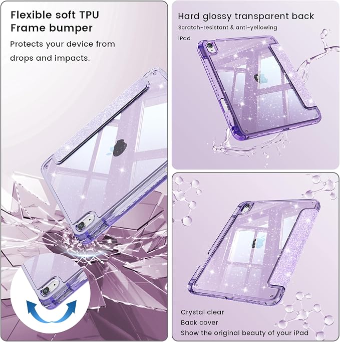 Case for iPad A16 11th/10th Generation 2025/2022 Purple | Glitter Shockproof 10th gen ipad case with Pencil Holder Trifold Stand Auto Wake/Sleep Sparkly ipad a16 case clear