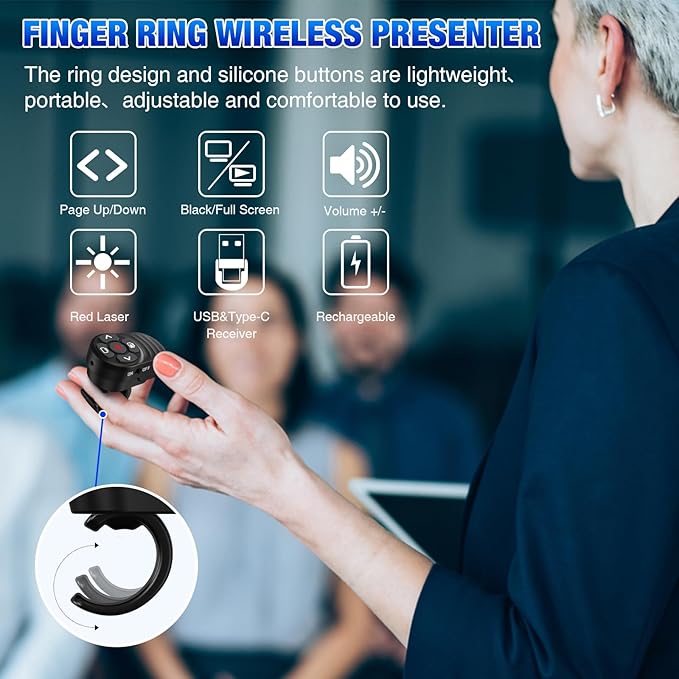2 in 1 Presentation Clicker with Laser Pointer Finger Ring Clicker Rechargeable Presentation Clicker Long Distance PPT Clicker Remote Wireless Clicker Laser Pointer for Classroom Teacher Projector