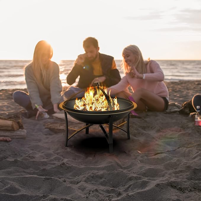Fire Beauty Fire Pit for Outside Wood Burning,BBQ Grill Steel Fire Bowl with Spark Screen Cover,Log Grate,Poker for Camping Beach Bonfire Picnic Backyard Garden