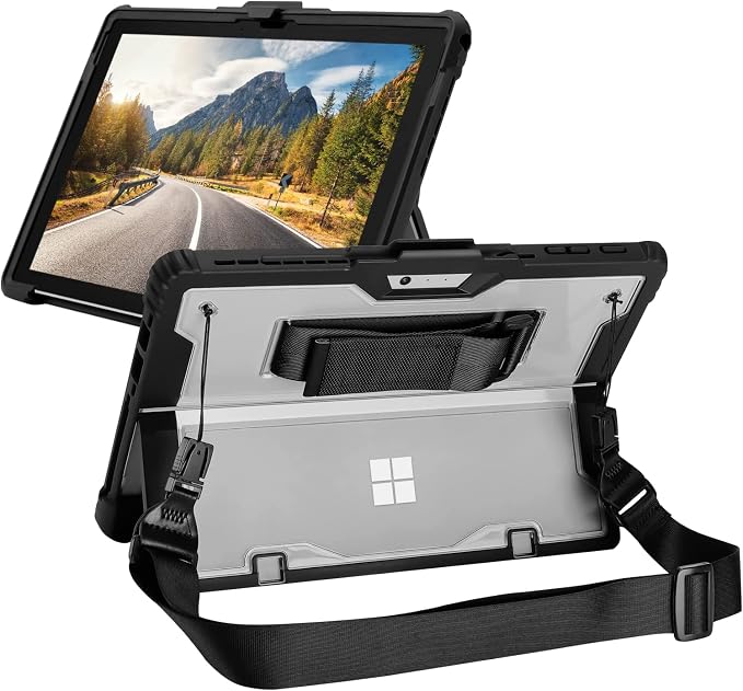 Surface Go4/Go3/Go2/Go Case Crystal Clear Multi-Angle Heavy Duty Rugged Shockproof Cover with Shoulder Strap Hand Strap Stylus Pen Holder Compatible with Keyboard