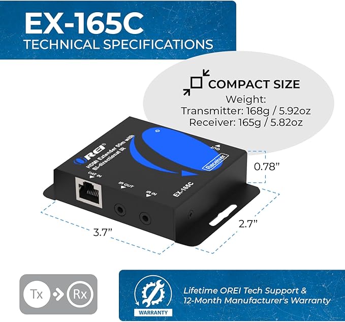 OREI HDMI over Ethernet Extender over Cat6/Cat7 Cable upto 165 Feet 1080p, Full HD, Local Loop Out Option, with IR Control EDID POC Function Transmitter and Receiver (EX-165C)