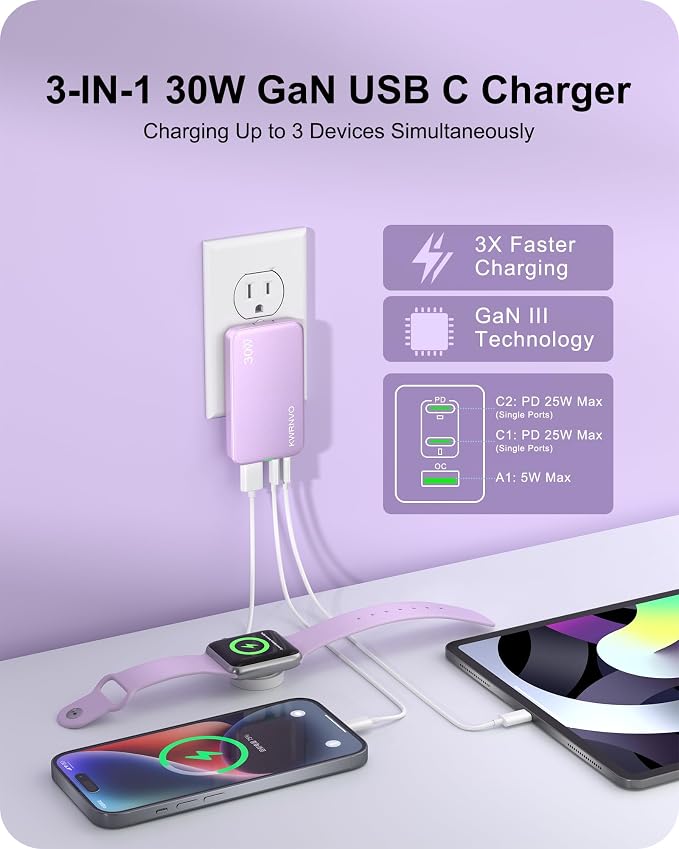 Flat USB Wall Charger 3 Ports Ultra-Slim Fast Wall Charger for Pixelbook iPad Pro iPhone 17/16/15/14 Black