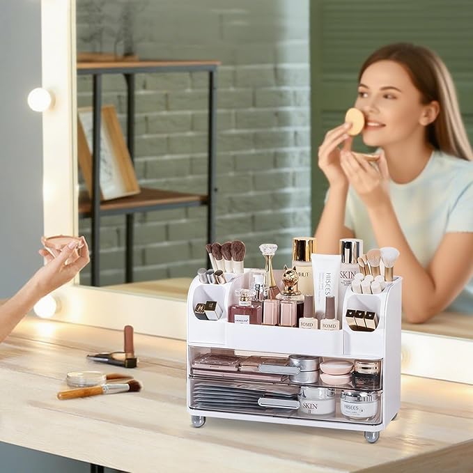 Anyoifax Makeup Organizer Countertop with Large Drawers, Vanity Organizer with Brush Holder, Skin Care Storage for Dresser, Perfume Organizer for Lotion, Lipsitck, Palette, White