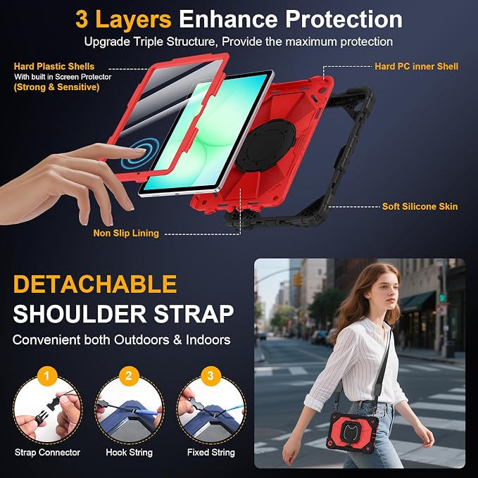 Case for Samsung Galaxy Tab A9 Plus 11 Inch 2023 Ubearkk Rugged Case for Samsung Galaxy A9+ Tablet SM-X210/X216/X218 with Screen Protector 360 Rotating Stand Shoulder Strap Pen Holder Black