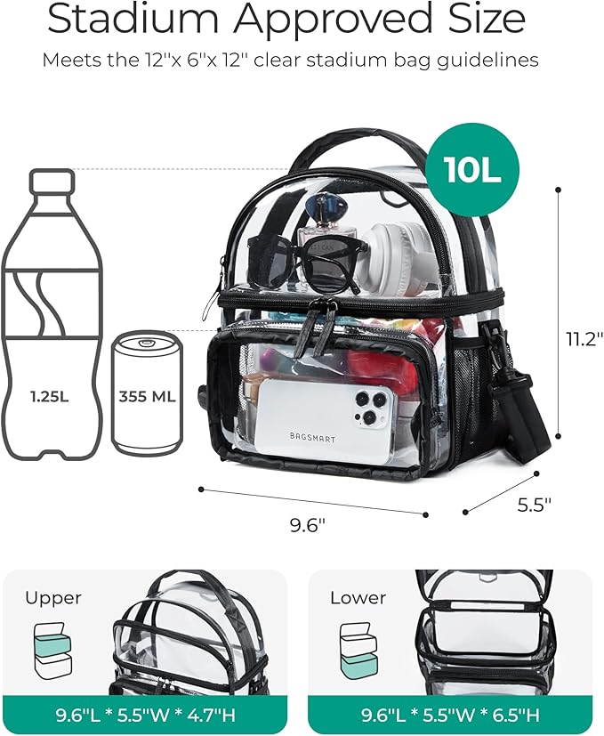 BAGSMART Stadium Approved Clear Bag 12"x6"x12", Double Deck Lunch Box, Convertible to Backpack, Waterproof PVC, Black