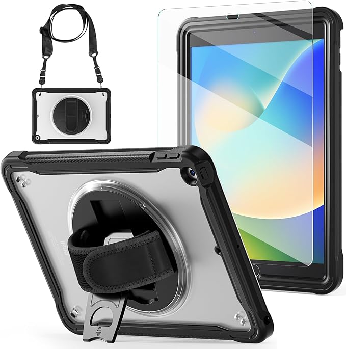 BLOSOMEET Clear Case for iPad 9th/8th/7th Generation 2021/2020/2019 10.2 Inch with Tempered Glass Screen Protector &amp Pencil HolderDrop-Proof iPad 10.2 Case w/Stand Hand Shoulder StrapBlack