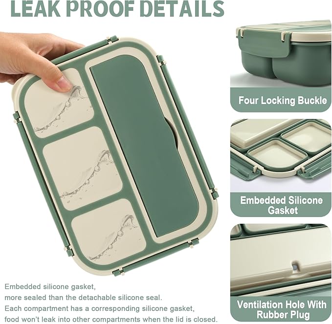 Bento Box Adult Lunch Box, Lunch Containers for Kids Girls Boys with 4 Compartments, Lunchable Food Container with Utensils, Sauce Jar, Muffin Liners, 40 Oz/5 Cup, Microwave & Dishwasher Safe, Green