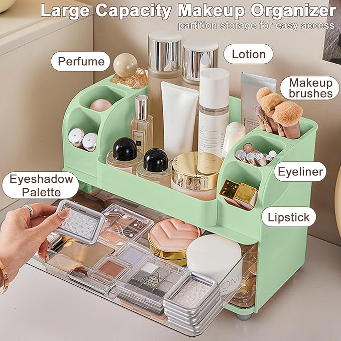 DASITON Large Capacity Makeup Organizer for Vanity with 2 Drawers, Skincare Organizers with Makeup Brush Holder, Cosmetic Display Case for Dresser Vanity Bathroom Countertop (Green)