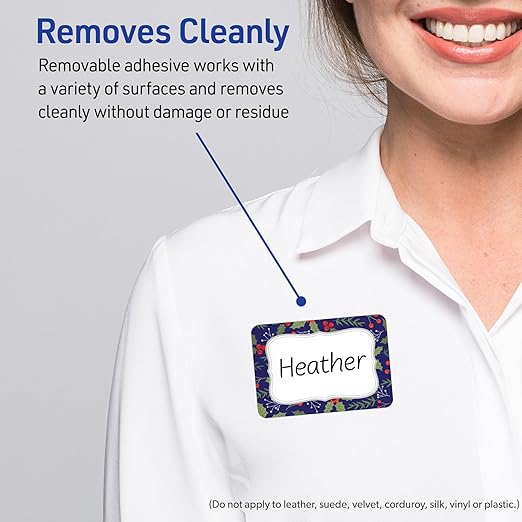 Avery Printable Christmas Adhesive Name Badges, Rectangle, 2-1/3" x 3-3/8", Pre-Printed Navy Border with Silver Metallic Frame Design, Matte White, Laser & Inkjet Compatible, 80 Total