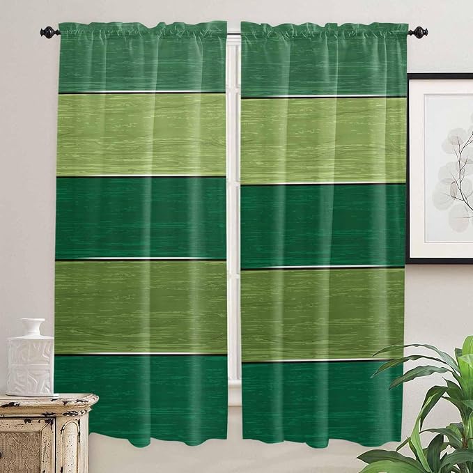 Farm Retro Green Wood Grain Window Valance Curtains, Rustic Wooden Plank
