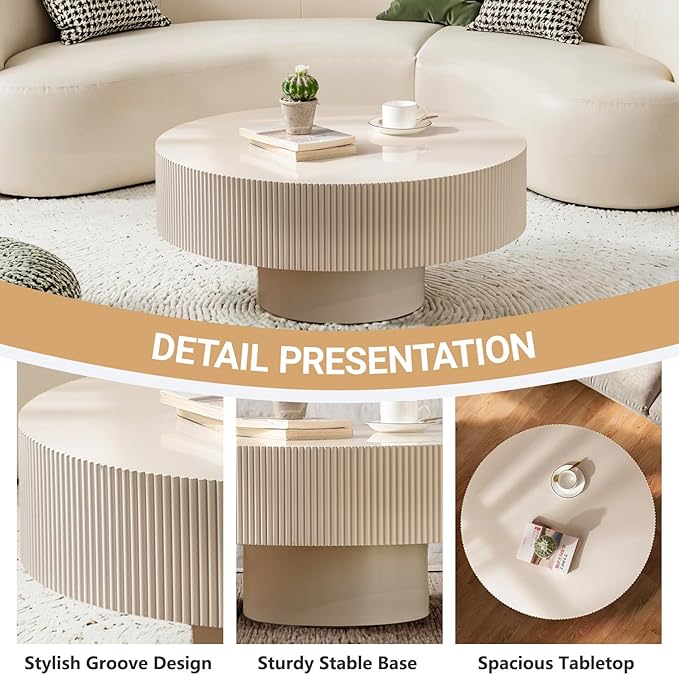 Modern Wood Coffee Table for Living Room - Handcraft Drum Coffee Tables with Sturdy Base, Small Round Fluted Coffee Table Tea Table for Apartment, Bedroom, Office - Easy Assemble (White 31")