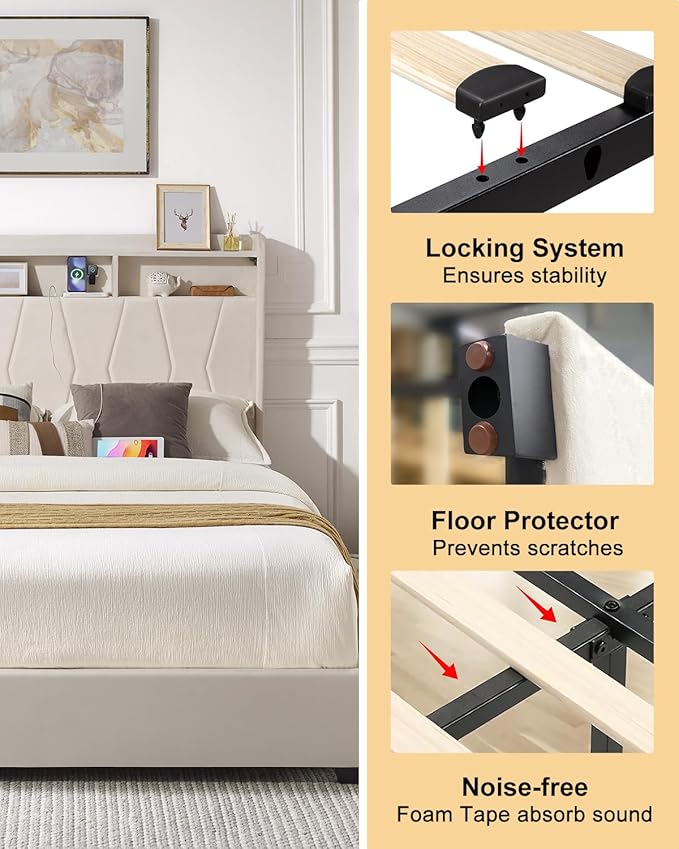 King Size Bed Frame, Velvet Upholstered LED Platform Bed with Headboard Storage, Bed Frame King Built-in Charging Station with 4 Drawers, Wood Slat Support, No Box Spring Needed, Beige