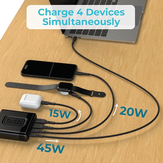 BLACK+DECKER USB C Fast Charger 65W 4 Port Type USB C Charging Station Hub Block TypeC Wall Charger Power Strip Adapter Plug 2 USBC 2 USBA for iPad iPhone 17 16 15 14 Pro Max Pixel Note Galaxy, Black