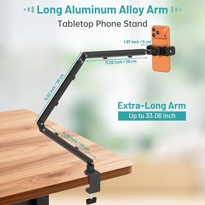 Wall Mount Phone HolderPhone Holder for Desk Bed3-Stage Aluminium iPhone StandFoldable Extendable Arms Heavy Duty Drilling BaseCompatible with 3.5~7.5 iPhone/HTC/LG/Huawei/Galaxy/Smartphones