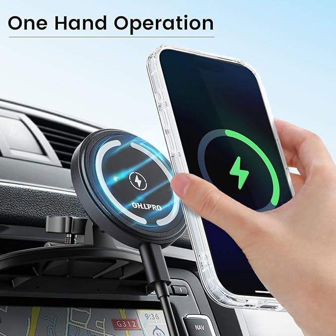 OHLPRO 15W Magsafe Car Mount Charger for iPhone 16, Fast Wireless Charging Magnetic CD Slot Holder with 3M Adhesive Base for Dashboard, Aluminum Shell, Compatible with iPhone 16/15/14 Pro Max, Black