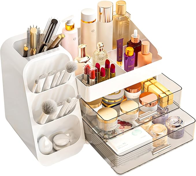 Makeup Organizer with Drawers for Vanity, Countertop Brush Holder, Counter Skincare Cosmetic Display Case Storage Box for Beauty Essentials, Women Make up Storage Solution for Bathroom Dresser Desk