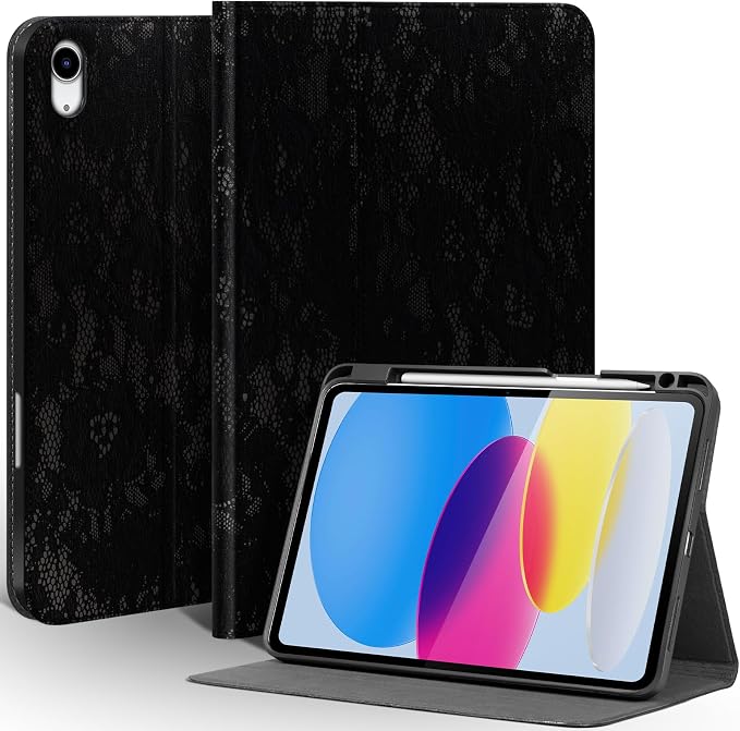 Leather Case for iPad (A16) 11th (11)/ 10th Generation (10.9) Full Grain LeatherProtective Smart Folio Cover with Pencil Holder Auto Sleep/WakeAnti Slip Black Silver