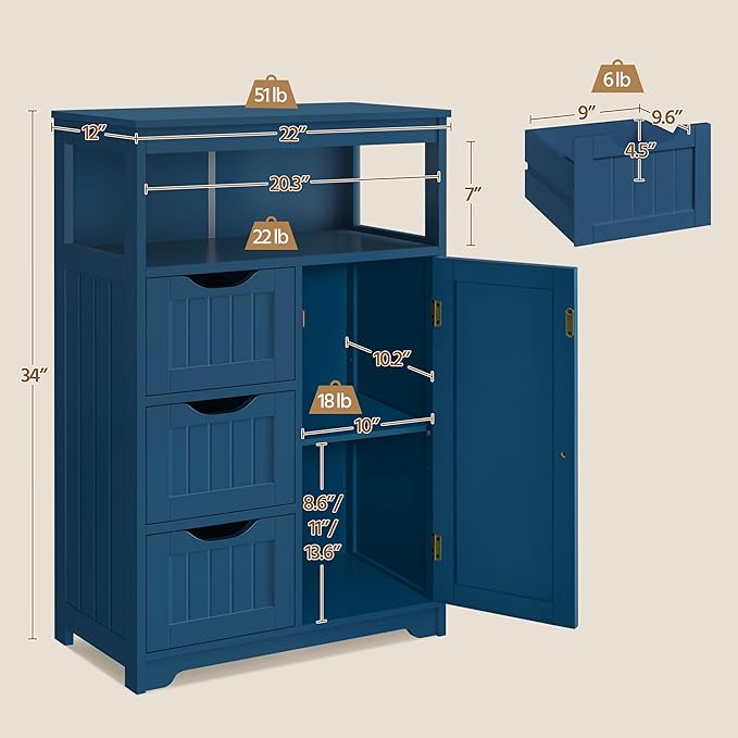Yaheetech Bathroom Floor Cabinet, Free Standing Wooden Storage Organizer Multiple Tiers Storage Living Room Cabinet, Navy Blue