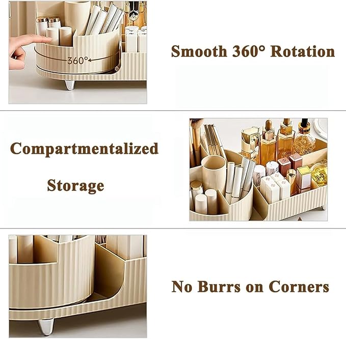 Rotating Cosmetic Organizer, Plastic Countertop Makeup Organizer with Makeup Brush Holder, Large Capacity Cosmetic Display Case, Countertop Makeup & Perfume Organizer with 9 Partitions (White)