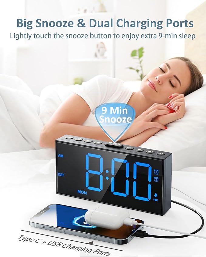 Digital Alarm Clock for Bedroom Heavy Sleepers,7.5''Large Display,2 Alarms,Weekday/Weekend,Electric Bedside Desk Clock,Adjustable Volume,Dual Charging Ports,Snooze,Dimmer,Memory Function,12/24H &DST