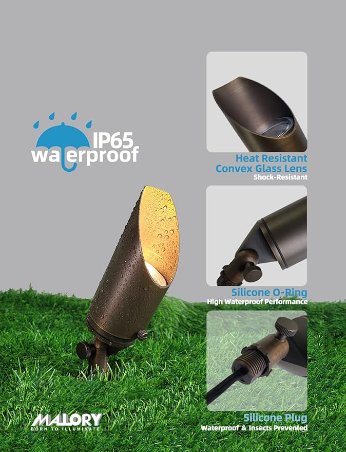 MALORY Brass Landscape Spotlight 6-Pack with 5W LED MR16 Bulb Kit(S03), 12V AC/DC Low Voltage Outdoor Landscape Lighting Shroud Adjustable,Ground Stake and Wire Connector Included,2700K Warm White