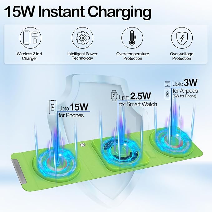 Fold 'N Style 3-in-1 Foldable Magnetic Wireless Charger Keychain 15W Travel Fast Charger for iPhone 15/14/13/12 Pro/Max/Plus Apple Watch AirPods Samsung Galaxy/Note Charge 2 Phones Simultaneously