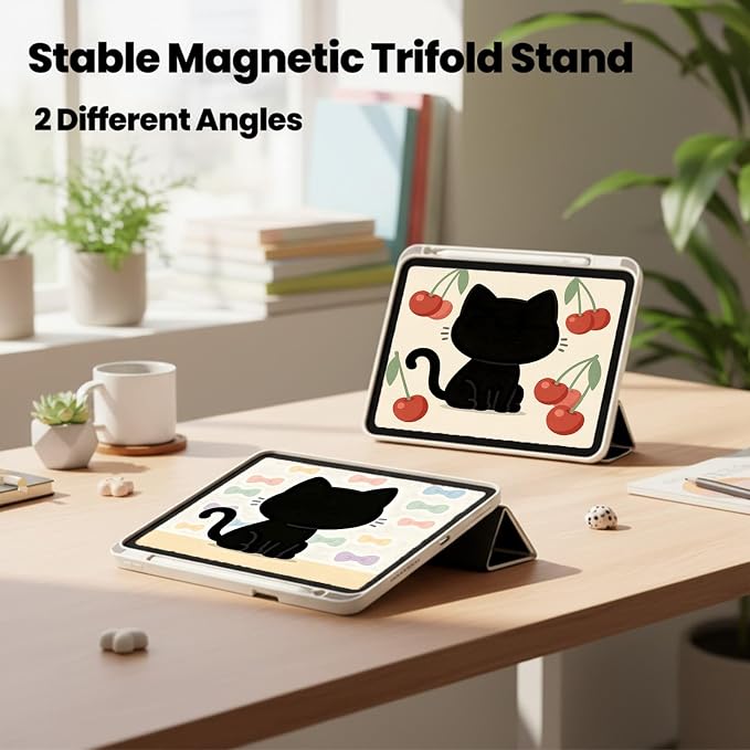 for iPad A16 11 Inch 2025 /for iPad 10th Generation 10.9 Inch 2022 Cute iPad Black Case with Pencil Holder-[Auto Wake/Sleep] Trifold Stand Soft TPU Protective Cover Pink Bows