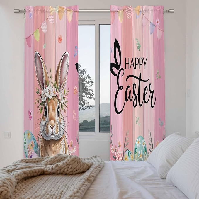Easter Kitchen Curtains, Spring Rabbit Eggs Flowers Flags Leaves Wood Grain